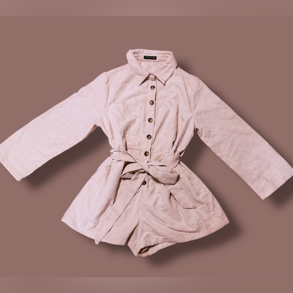 Cream Button-Up Corduroy Long Sleeve Romper - Picture 4 of 7